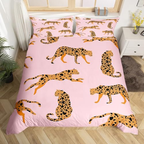 Homemissing Léopard Parure de Lit Wildlife Housse de Couette 140x200cm Rose Brun Léopard Ensemble de Literie Microfibre pour Les Enfants Filles 2 pièces Literie Set avec Fermeture à glissière