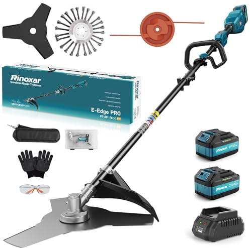 12000RPM Akku Rasentrimmer mit Akku, Akku Freischneider Mit 2X 5200mAh Batterien, Schnittdurchmesser 26cm, Brushless Front-Motor, Sicherheitsschutz, 3 Arten Klingen für Garten, Hof- E-Edge PRO