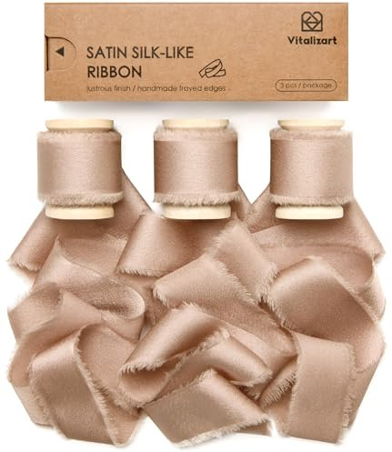 Vitalizart Nastro di Raso con Frange Champagne 2,5 cm x 13,7 m, Nastro in Tessuto Fatto a Mano per Confezioni Regalo, Bouquet da Sposa, Decorazioni per Feste