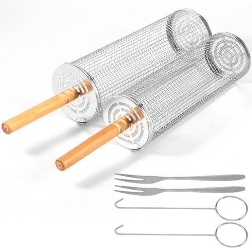 Nesting Grill Baskets with Wood Handle Stainless Steel Rolling Grilling Basket Portable BBQ Net Tube Round Rolling Grill Net Rollings Barbecue Baskets for BBQ Cooking Camping