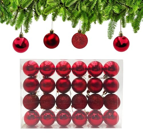 24tlg Weihnachtskugeln Rot ∅ 5cm, Christbaumkugeln Rot Plastik, Weihnachtsbaumschmuckr mit Aufhängeband, Christbaumschmuck für Drinnen & Draußen (6 x Matt/Glänzend/Glitzernd/Strukturiert)