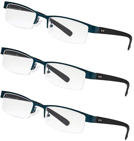 LEXXOO 3er-Pack Halbrand Lesebrille Blau Schwarz +1,5 Dioptrien – Flexibles Design-Set mit Federscharnier – Leichtes Komfortmodell für Alltag & Büro