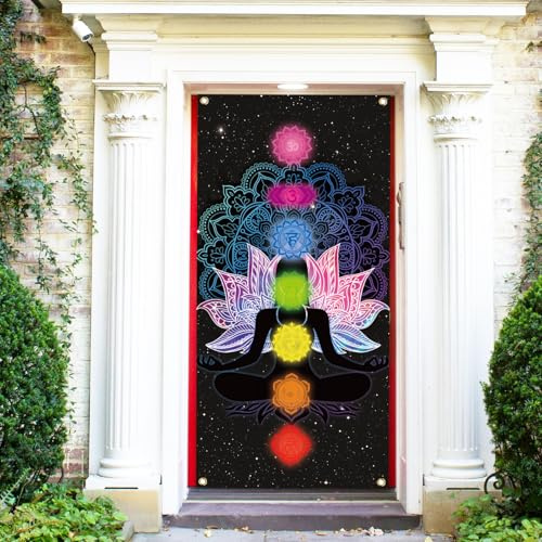 arricraft 1 Stück Yoga Meditation Willkommen Polyester Tür Abdeckung, bunte sieben Chakra Hintergrund Banner Tür Veranda Zeichen Fotografie Hintergrund für Veranda Home Decor Zubehör