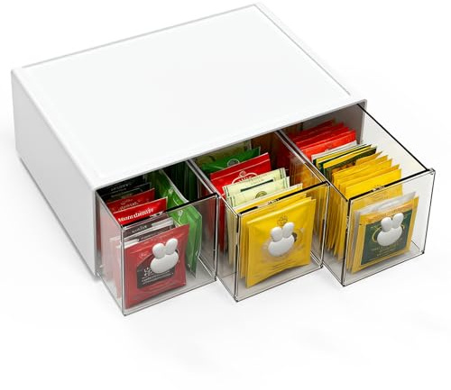 Newthinking Tee Organizer, Teebeutel Aufbewahrung, 3 Schubladen, Weiß | Stapelbare Box mit Hasen-Griffen, aus robustem PP-Kunststoff, Schubladen mit Stopp, Ideal für Kaffee, Kosmetik, Schmuck