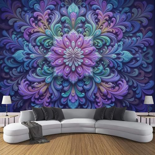 Luxuriöse 3D Fototapete – Mandala-Blumendesign, 150x105 cm Wandtapete für Schlafzimmer & Wohnzimmer, Abstraktes Psychedelisches Muster Wanddekoration,Lila