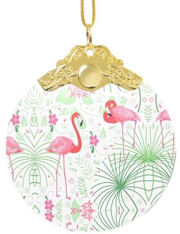 Glänzende runde Weihnachtskugel mit Flamingo-Botanik, Glaskugel mit Metallverschluss für festliche Baumdekoration