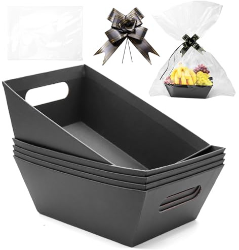 5 Stück Präsentkorb Leer Geschenkkorb Papp Korb für Geschenke (Schwarz) | Geschenkkörbe Leer mit Cellophantüten und Zugschleifen, Korb Geschenk Karton Körbe für Geschenke, Feiertage, Geburtstage