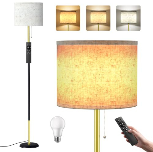 Lampadaire LED sur Pied Salon - 12W Lampe sur Pied avec Télécommande & RGB E27 Ampoule, Cordon Tirette, Lampe Liseuse Réglables pour Salon, 3 Températures de Couleur, Bureau, Chambre, Or Noir