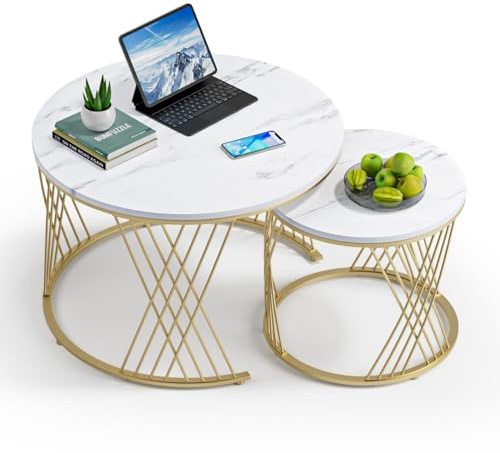 Skokliz Beistelltisch Set Rund - 2er Set Couchtisch in Weiß mit Marmormuster & Gold Metallrahmen, moderner Wohnzimmertisch für Sofa Bereich, Balkon oder Wohnzimmer