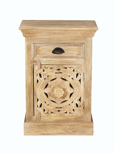 SIT® Kommode – Massivholz Mango Natur, 1 Tür & 1 Schublade mit Holzschnitzereien, 50x35x72 cm