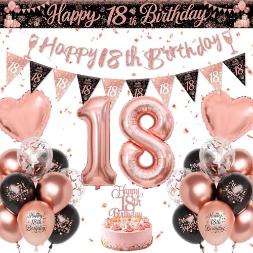 Decoration Anniversaire 18 Ans, Or Rose Noir Ballon 18 Ans Anniversaire Kit | avec Bannière Bonne Fête, Décoration de Gâteau, Ballon Numéro 18, pour Déco 18 Ans Fille