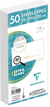 Clairefontaine 5925C - Confezione da 50 Buste Bianche DL-110x220 mm - con finestra - Autoadesive - 80g/m²