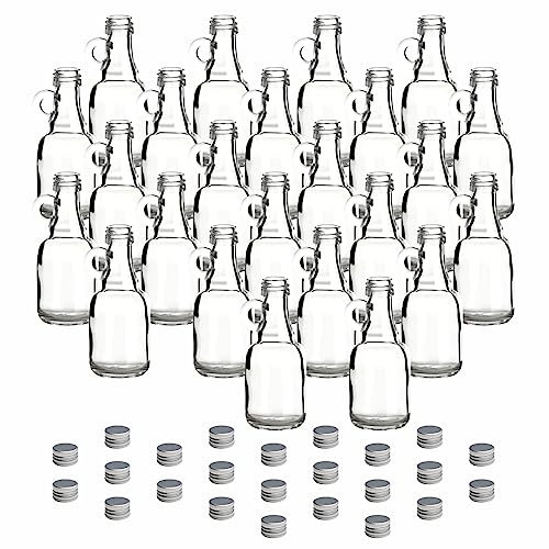 gouveo Lot de 24 bouteilles en verre de 40 ml avec anse et bouchon à vis Argenté – Mini bouteille à anse 0,04 l à remplir – Bouteilles en verre pour liqueur, liqueur, huile ou bricolage