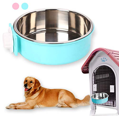 Dog Hanging Bowl 2-in-1 Removable Stainless Steel Food Hanging Bowl for Puppy/Cat, Andiker Pet Bowl Hanging Cage Large Water Food Feeder for Dogs Cats (large, blue)