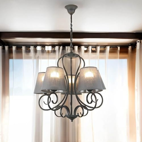 Licht-Erlebnisse Kronleuchter Metall Stoff in Anthrazit für Esszimmer Wohnzimmer Ø55 cm E27 blendarm 5-flammig gemütliche Hängelampe Esstisch PURAHT