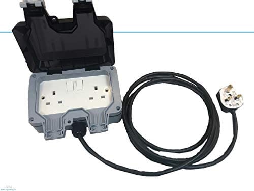 J&M Electrical 2G Double 13A IP66 Outdoor Socket, Black, UK Mains Plug, 20M, Waterproof, Wall Mountable, Compatible with UK Standard 13A Devices