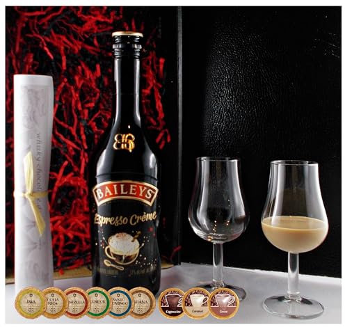 Geschenk Baileys Espresso Creme irischer Likör + 2 Likörgläser + 9 Edelschokoladen in 9 Sorten