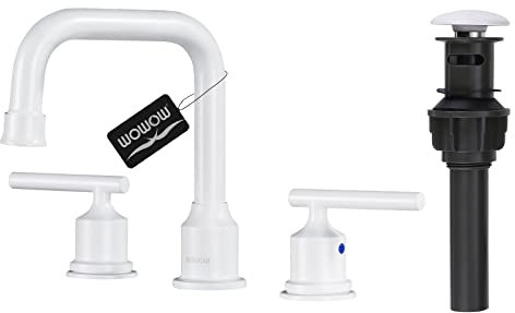 WOWOW 3-Loch-Badezimmerarmatur, weiß, Badezimmer-Waschbecken-Wasserhahn, 2 Griffe, Waschtischarmatur aus Messing, Wohnmobil, Badezimmer-Wasserhahn, elegante Waschtischarmatur mit Abfluss