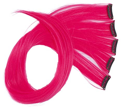 CAISHA 5 Teile Set 60cm Bunte Strähne Strähnchen Clip in Extension Haarverlängerung Glatt Langhaar Haarteil Leuchtend Pink BST118