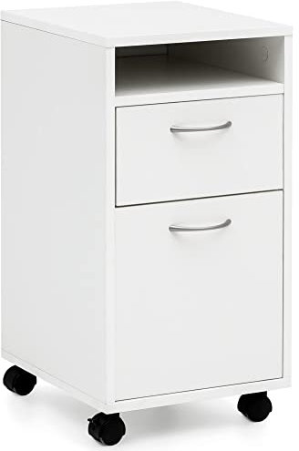 möbelando Rollcontainer WL5.901 Weiß 33x63x38 cm Schreibtisch-Unterschrank Holz | Roll-Kommode Modern | Bürocontainer Schubladenschrank mit Tür | Kleiner Schreibtischschrank mit Rollen