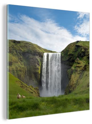 MuchoWow Glasbild Glasfoto Wandbild Bilder Deko 20x20 cm Wasserfall - Island - Natur