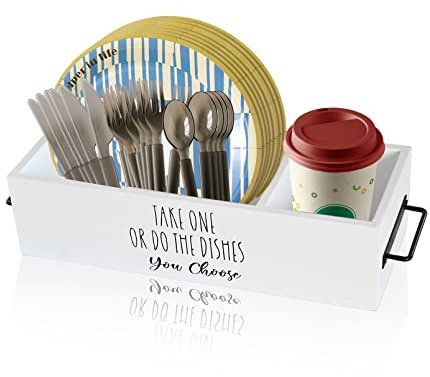 Paper Plate Holder, Plastic Silverware Caddy, Plastic Utensil Dispenser for Party Camping BBQ, Disposable Spoon Fork Knives Dish Cup Napkin Storage Organizer for Kitchen Counter (White - 2 Slots)