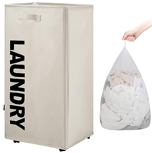 TOTANKI Großer Wäschekorb mit 4 Rollen und Beidseitigen Griffen, Faltbarer Wäschekorb, Zusammenklappbarer Wäschesortierer und -Organisator, Hoher Aufbewahrungskorb (Beige, XL)