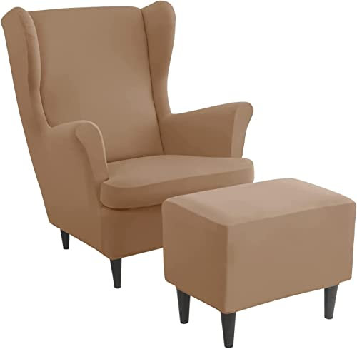 Ohrensessel überzug mit Hocker Bezug, 2 Teilig Sessel-Überwürfe+1 Teilig Ottomane Schonbezug, Beige/Grün/Rosa/Blau Ohrensessel Schonbezüge Sesselhusse Stretch Tiger Stuhlbezug mit Armlehne ( Color : #