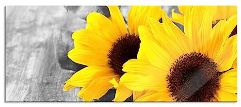 Pixxprint Glasbild Panorama, Wandbild aus Echtglas, schöne Sonnenblumen auf Holztisch, 100x40 cm, inkl. Aufhängung und Abstandshalter