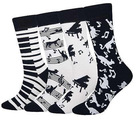 Wish Island Herren 4/5 Packungen Lustige Crazy Animal Baumwolle Casual Crew Socken, Musik Klavier Katze - 4 Paar, 39-41.5 EU