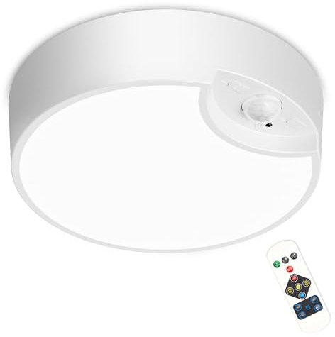 Battery Powered Motion Sensor Ceiling Light with Remote, 7.5-inch 400LM Wireless Ceiling Light Battery Operated Wall Light, Battery Pir Light for shed loft porch bathroom stair hallway garage cupboard