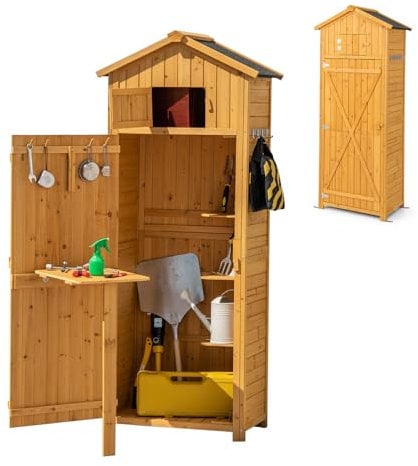 KOMFOTTEU Cobertizo de Madera para Jardín, Armario de Herramientas Resistente a la Intemperie, Caseta con Techo a 2 Aguas, Armario de Almacenaje con Mesa Plegable, 75 x 50 x 180,5 cm