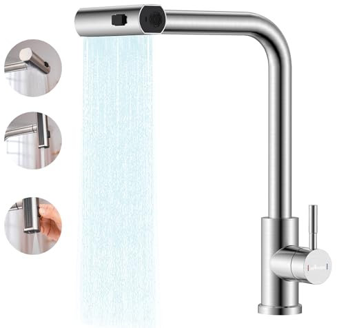 APPASO Waterfall Kitchen Faucet, Brushed Stainless Steel Kitchen Faucet with Pull Out Sprayer 3 Modes, 360° Swivel Kitchen Sink Mixer Tap, Arc Kitchen Sink Faucet