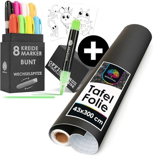 OfficeTree Tafelfolie Selbstklebend 300x43 cm + 8x Kreidemarker Bunt- schwarze Kreidefolie Selbstklebend 300 x 43 cm - Kreidetafel - Kreidestifte für Tafel Abwaschbar - Kreidestifte für Fenster