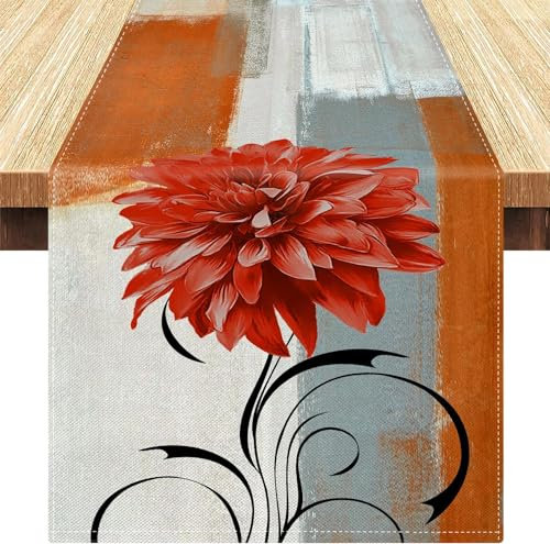 Tischläufer Grau Modern Boho Blume Orange und Grau Leinen Tischläufer Frühling Waschbare Tischläufer Outdoor für Tischwäsche Hochzeit Party Hochzeit Couchtisch 33 x 183 cm