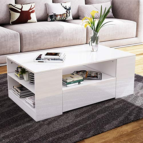 Wohnzimmer Beistelltisch mit Stauraum 5 Offene Fächer 2 Schubladen LED Beleuchtung Holz Rechteckig Hochglanzoberfläche Couchtisch Kaffeetisch Wohnzimmertisch Sofatisch (Weiß)