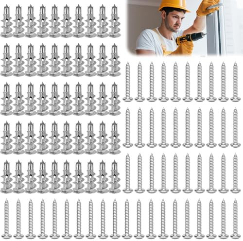 100 Stück Rigipsdübel, Gipskartondübel Selbstbohrender, Rigips Dübel mit Schrauben, Metall Hohlraumdübel Selbsterblockdauger für Gipskarton, Stein, Ziegeln, Beton, Gipsbauplatten Konzipiert