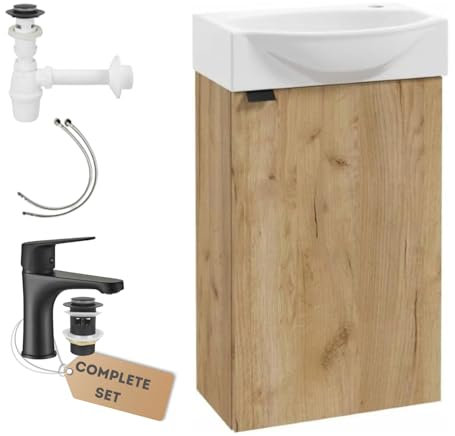 Deftrans Meuble de toilette WC avec lavabo - 40 x 69 x 21,3 cm - Chêne - Salle de bain d'hôtes avec robinet noir mat - Clic-clac