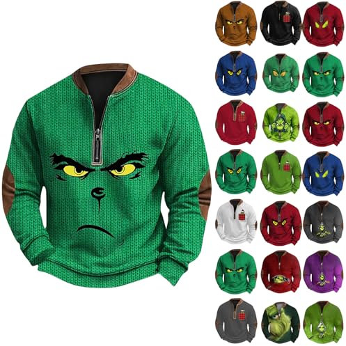 𝑮𝒓𝒊𝒏𝒄𝒉 Pullover Herren Weihnachtsdruck Lustig Weihnachtspullover Rundhals Henley Shirt Ugly Christmas Sweater Weihnachtspulli Langarm Sweatshirt 𝑮𝒓𝒊𝒏𝒄𝒉 Kostüm(#01 Green,M)