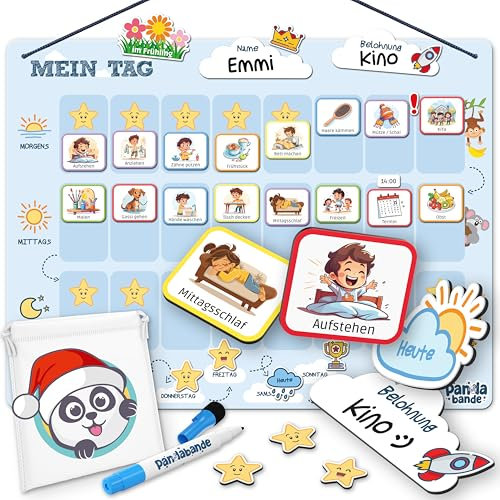 PANDABANDE® Montessori Tagesplaner Kinder [Belohnung, Wetter, 200 Magnete] - Routine Planer Kind - Ideale Aufgabentafel, Tagesplan, Tagesablauf Plan für Morgenroutine & Abendroutine