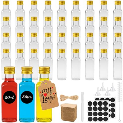 Sinofort 36 Pièces Mini Bouteille 50ml, Petite Bouteille Shot de Jus Réutilisables avec Bouchons à Vis, Entonnoirs, Étiquettes, Cordes, Stylos et Pinceaux pour Liqueur, Gingembre, Boissons