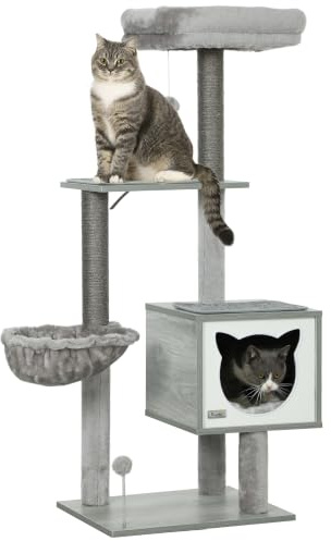 PawHut Árbol Rascador para Gatos 126 cm con Plataformas Hamaca Cueva Gris | Árbol para Gatos, Torre Escalador, Cama, Postes de Sisal, Bolas, Cojines Lavables