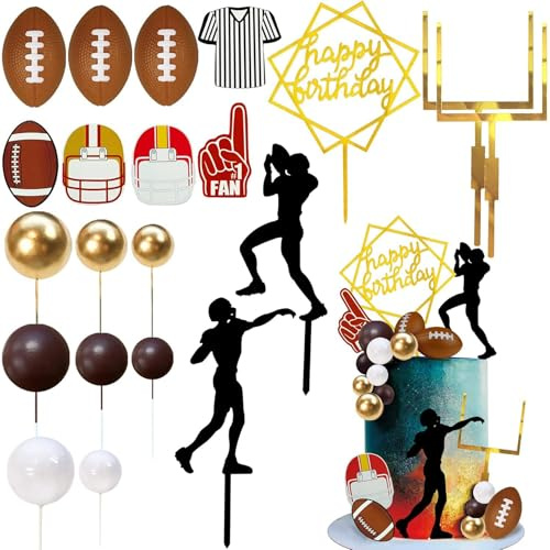 Wasise Rugby Cake Topper - 36 Pcs Rugby Cake Decorations and Party Supplies, Acrylic Happy Birthday Toppers, Cupcake Toppers,Cake Toppers for Man Birthday Party Decor,Football Cupcake Topper