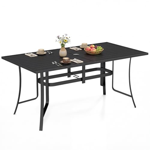 COSTWAY Mesa Jardín Exterior, 160 x 84cm, Mesa de Comedor Rectagular para 6 Personas, Marco de Metal, Orificio para Sombrillas, Patio Terraza Jardín Piscina, Carga 150 kg