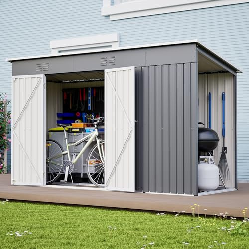 FammyLoft Gartenhaus Metall, 311 x 123 x 181cm, Garten Geräteschuppen Metall, Gerätehaus mit Zwei-Tür-Zugang & Belüftung, Gartenschrank Wasserdicht für Outdoor, Inkl Metallfundament