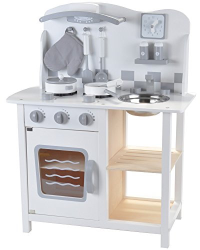 Bandits & Angels Holz-Kinderküche Chef Deluxe Weiß ab 2 Jahren für Jungen und Mädchen – Thekenhöhe 46 cm – inkl. 8 Zubehörteilen – Kinderküche Weiß – Holzküche
