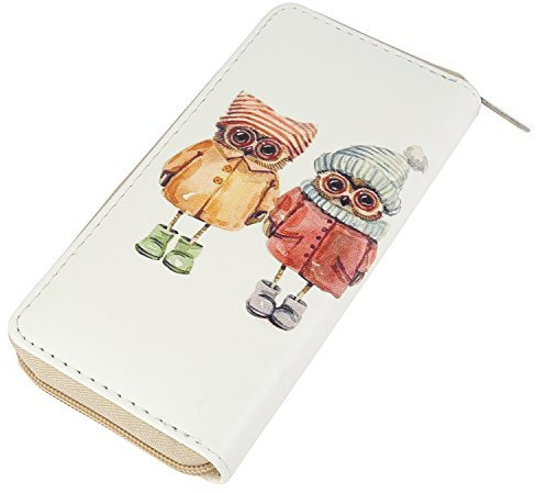 DonDon Geldbörse Damen mit Reißverschluss Portemonnaie Geldbeutel Damen Kinder Mädchen Eule Eulen-Motiv Winter beige