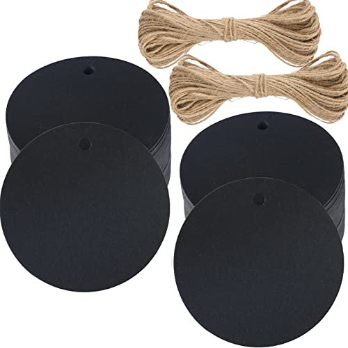 G2PLUS 100 Stk. Schwarz Geschenkanhänger, Rund Anhänger Etiketten, 5.5 CM kraftpapier Etiketten Tags mit Jute-Schnur, Blanko Papieranhänger für Art & Craft Projekt