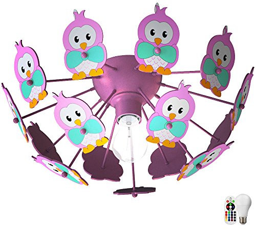 Kinderleuchte dimmbar mit Fernbedienung Kinderdeckenlampe Deckenlampe rosa LED Kinderlampe, RGB Farbwechsel, Eulen, Metall Holz, 8,5 806lm warmweiß, DxH 41,5x18 cm