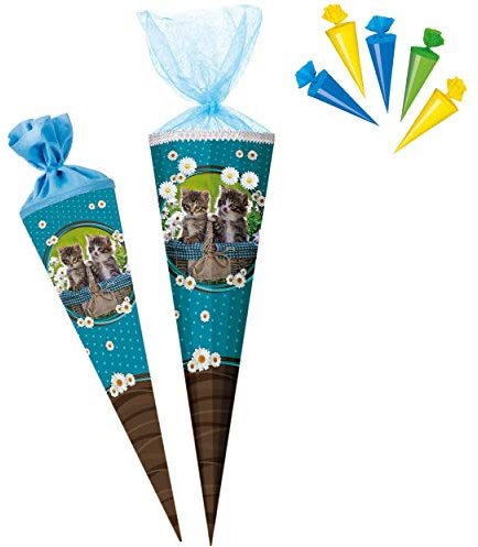 Set Schultüte + 5 kleine Zuckertüten - süße Katzen & Kätzchen - 35 cm - rund - mit Tüllabschluß - Zuckertüte - mit/ohne Kunststoff Spitze - Nestler - ..